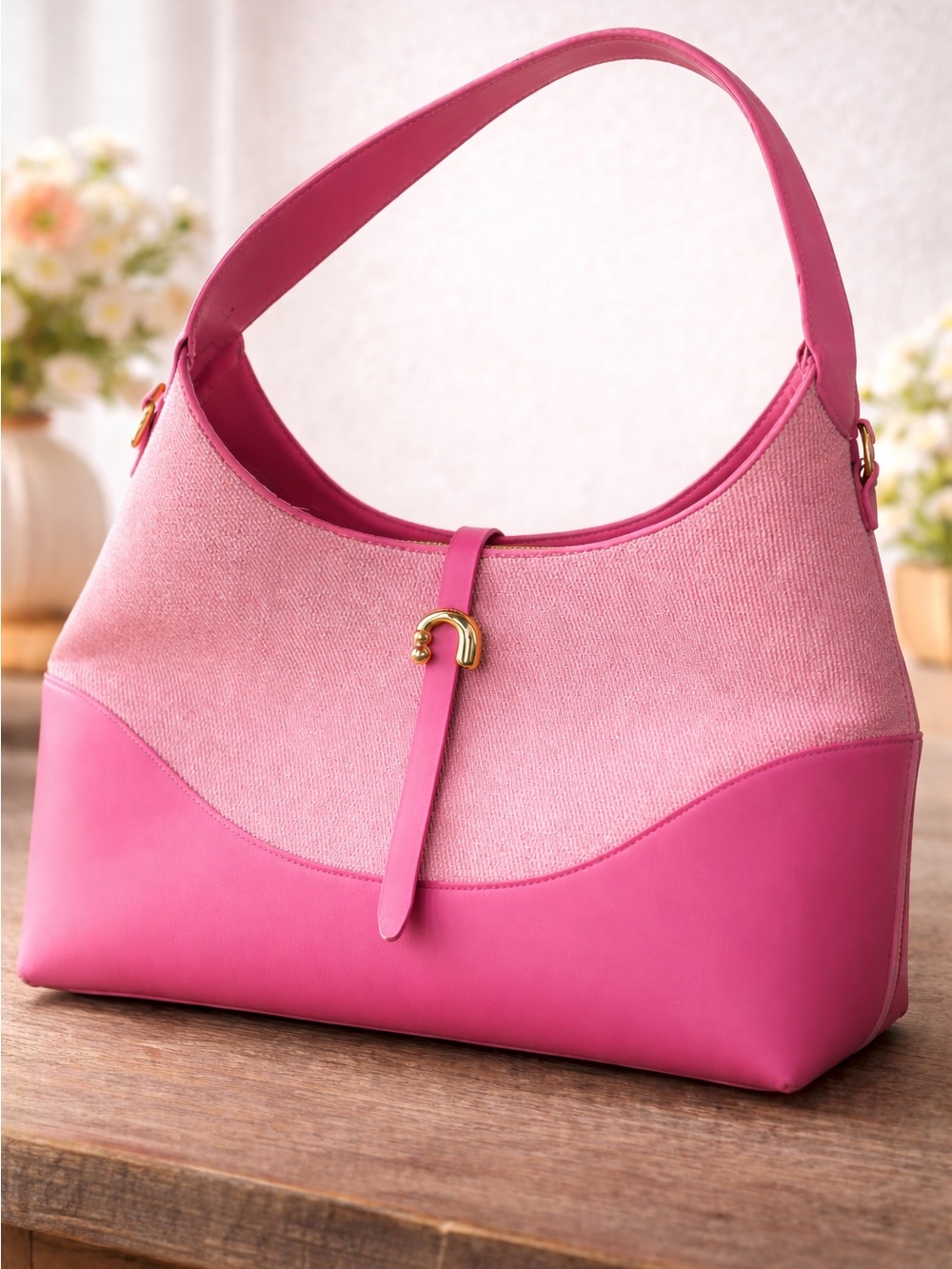 Pink Barbiecore Shoulder Bag With Detachable Crossbody Strap